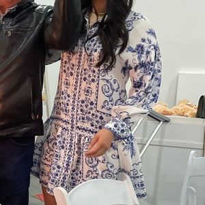 Alex Marie Wren Blue Scroll Button A-Line Dress